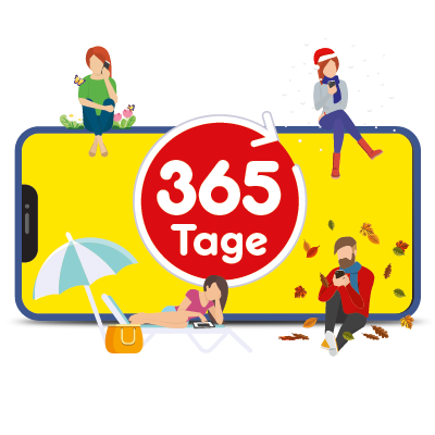 Mobiltelefon mit rotem Text auf gelben Hintergrund: 365 Tage, 12 GB, Flat Min. & SMS, 59,99 €